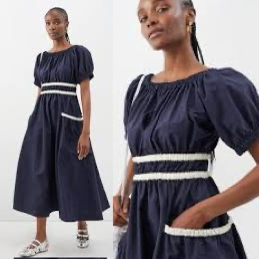 Molly Goddard Mags Shirred Taffeta Midi Dress Navy Blue White Trim Size 2